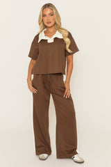 Chocolate Contrast Collar Side Stripe Loungewear Set - Layken