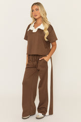 Chocolate Contrast Collar Side Stripe Loungewear Set - Layken