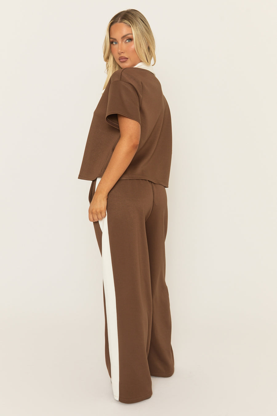 Chocolate Contrast Collar Side Stripe Loungewear Co-ord Set - Layken
