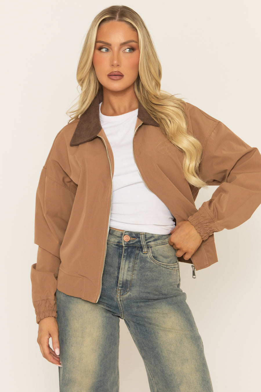 Camel Contrast Collar Barn Jacket - Jeany
