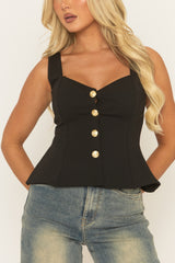 Black Button Detail Peplum Hem Tailored Top - Kassia