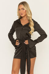 Black Satin Wrap Shirt Dress - Rhuna