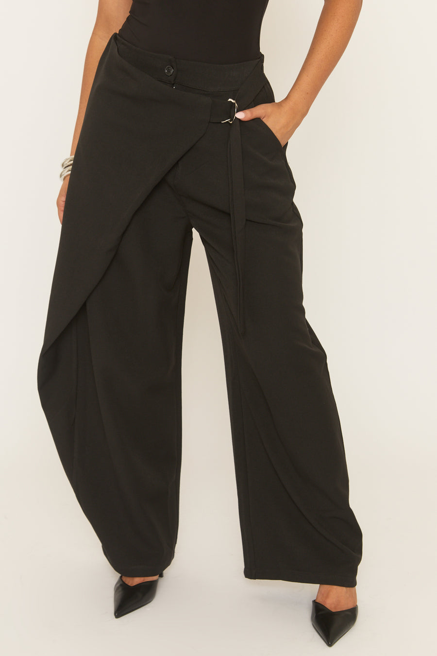 Black Wrap Detail Belted Wide Leg Trousers - Arwa