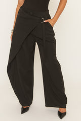 Black Wrap Detail Belted Wide Leg Trousers - Arwa