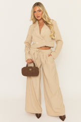 Beige Tailored Pleat Front Wide Leg Trouser - Albia