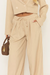 Beige Tailored Pleat Front Wide Leg Trouser - Albia