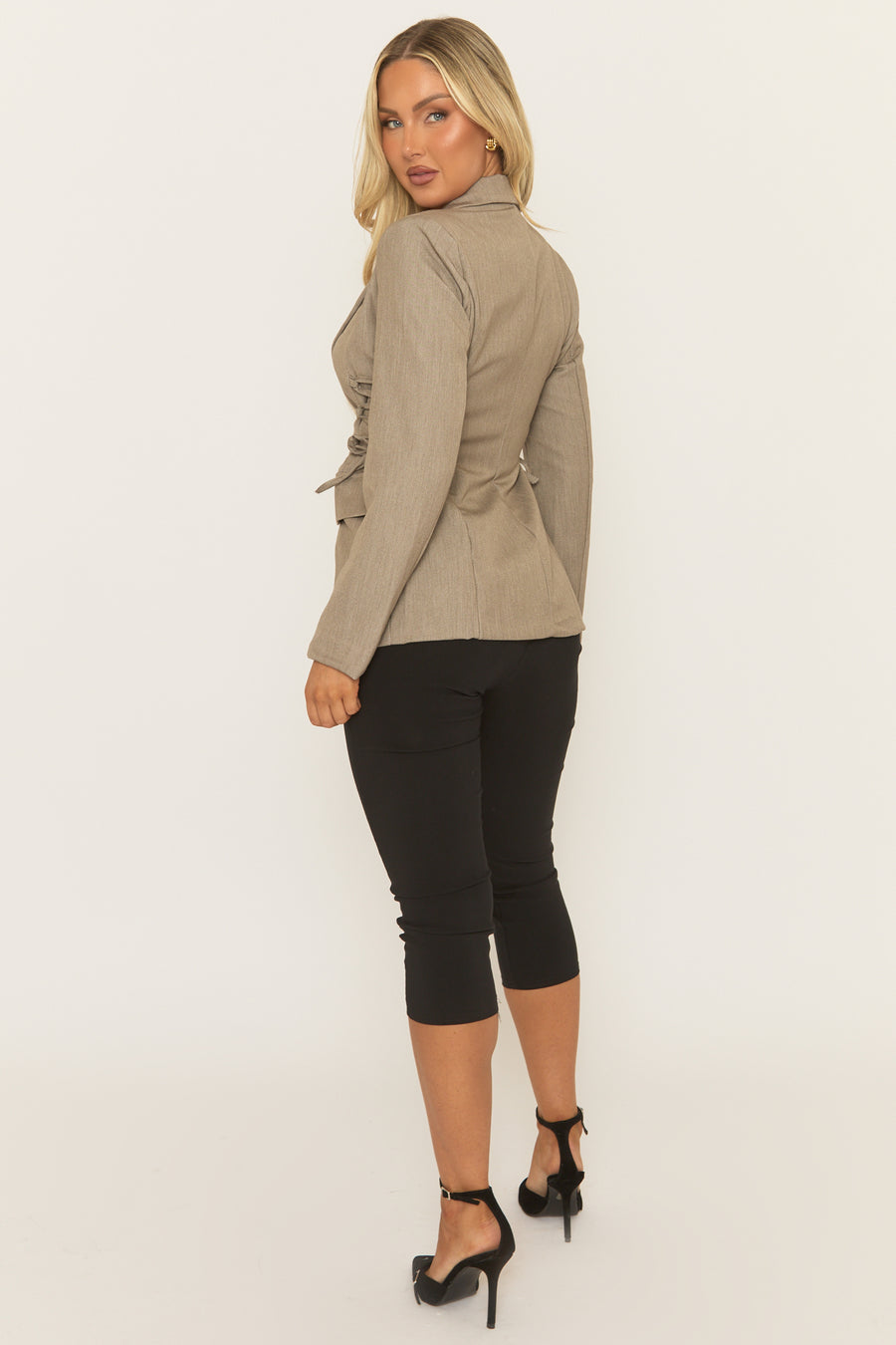 Taupe Tailored Cinched Waist Blazer - Mirran