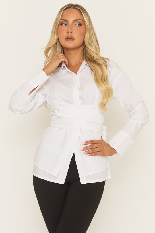 White Wrap Detail Long Sleeve Shirt - Rudy