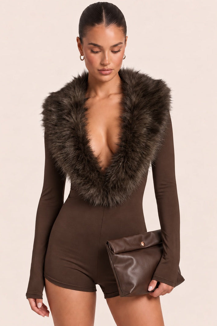 Chocolate Faux Fur Collar Deep Plunge Playsuit - Jennie