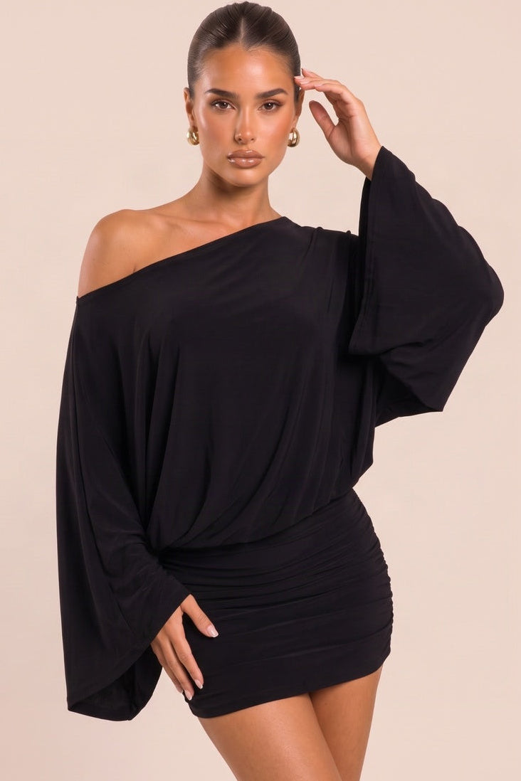 Black Asymmetric Batwing Mini Dress - Neema