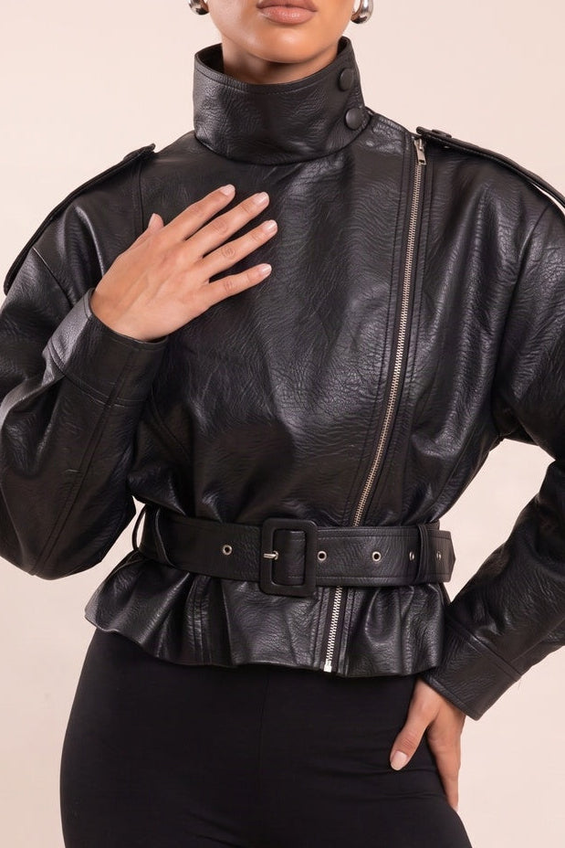 Black Faux Leather Funnel Neck Belted Jacket - Gerri