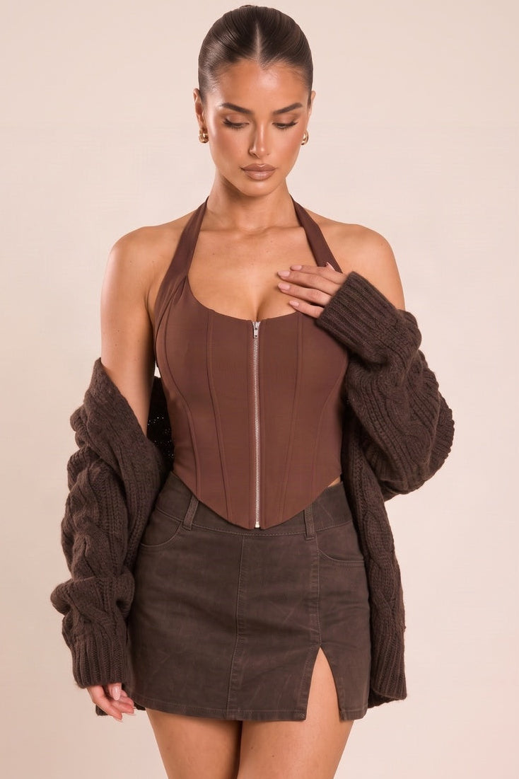 Chocolate Boned Halterneck Corset Top - Muskan