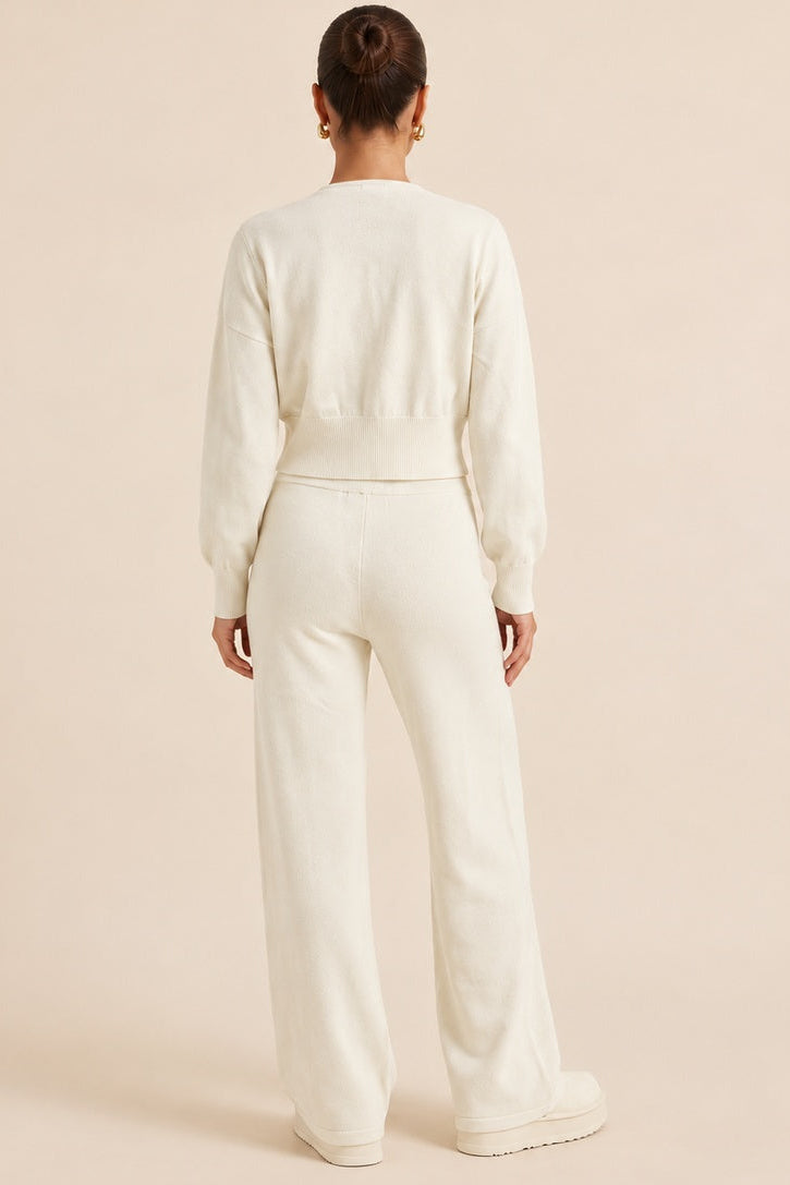 Cream Knitted Cardigan Top and Wide Leg Co-ord Set - Shyla