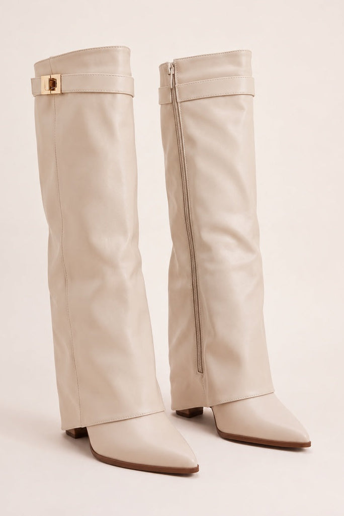 Beige PU Trim Detail Layered Knee High Boots - Izzy