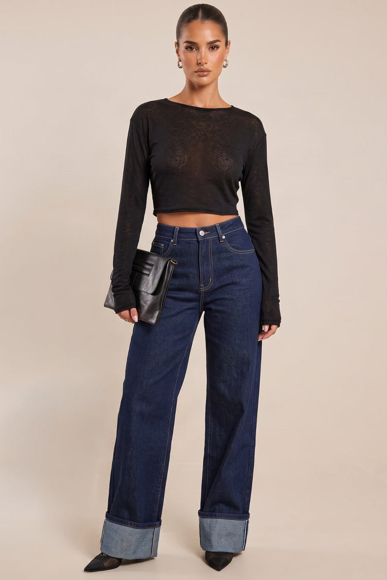 Black Long Sleeve Semi Sheer Top - Keelin