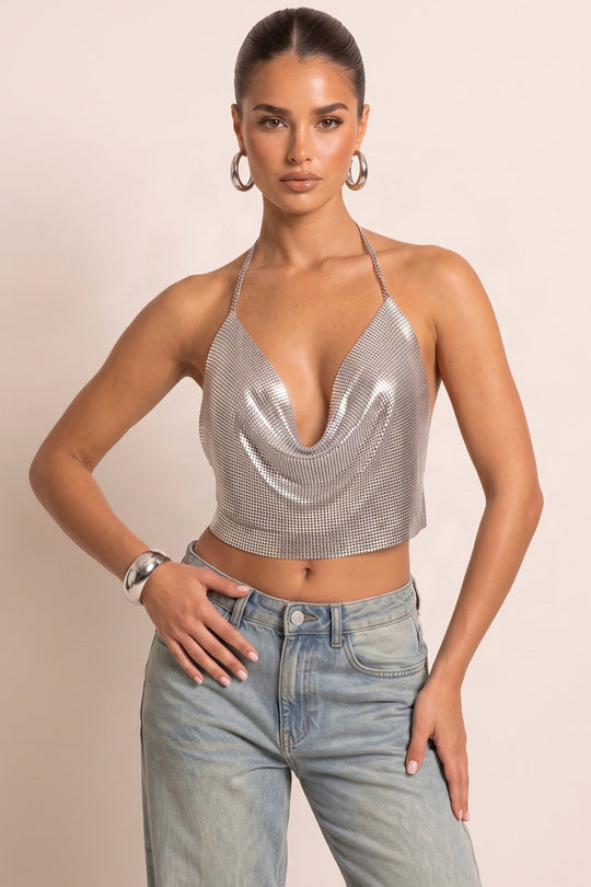 Silver Chainmail Cowl Halter Top - Mitsy