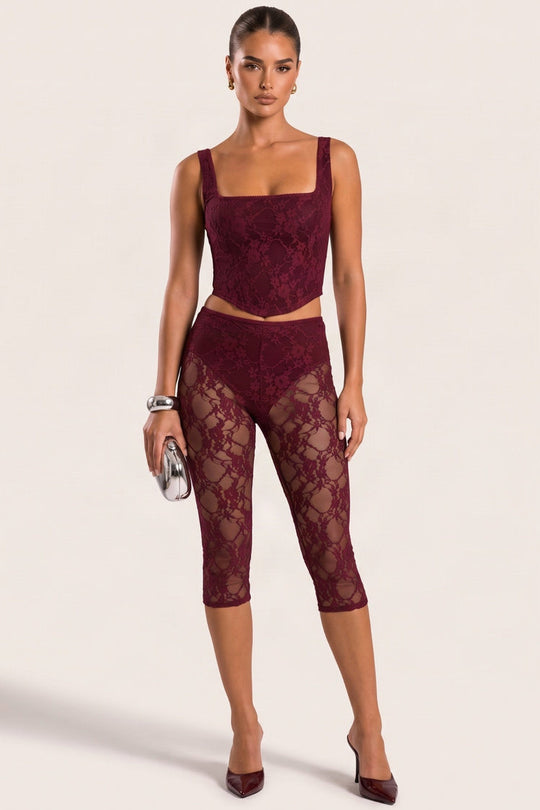 Wine Lace Corset and Capri Pants Co-ord Set - Cammie
