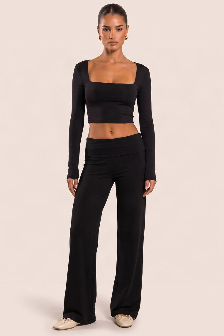 Black Slinky Square Neck Long Sleeve Crop Top - Melissa