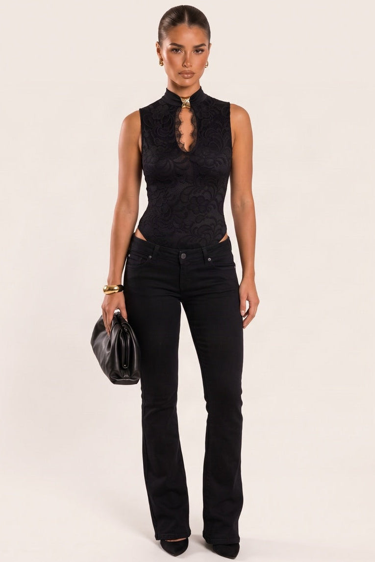 Black Lace Gold Trim Detail Bodysuit - Keeley