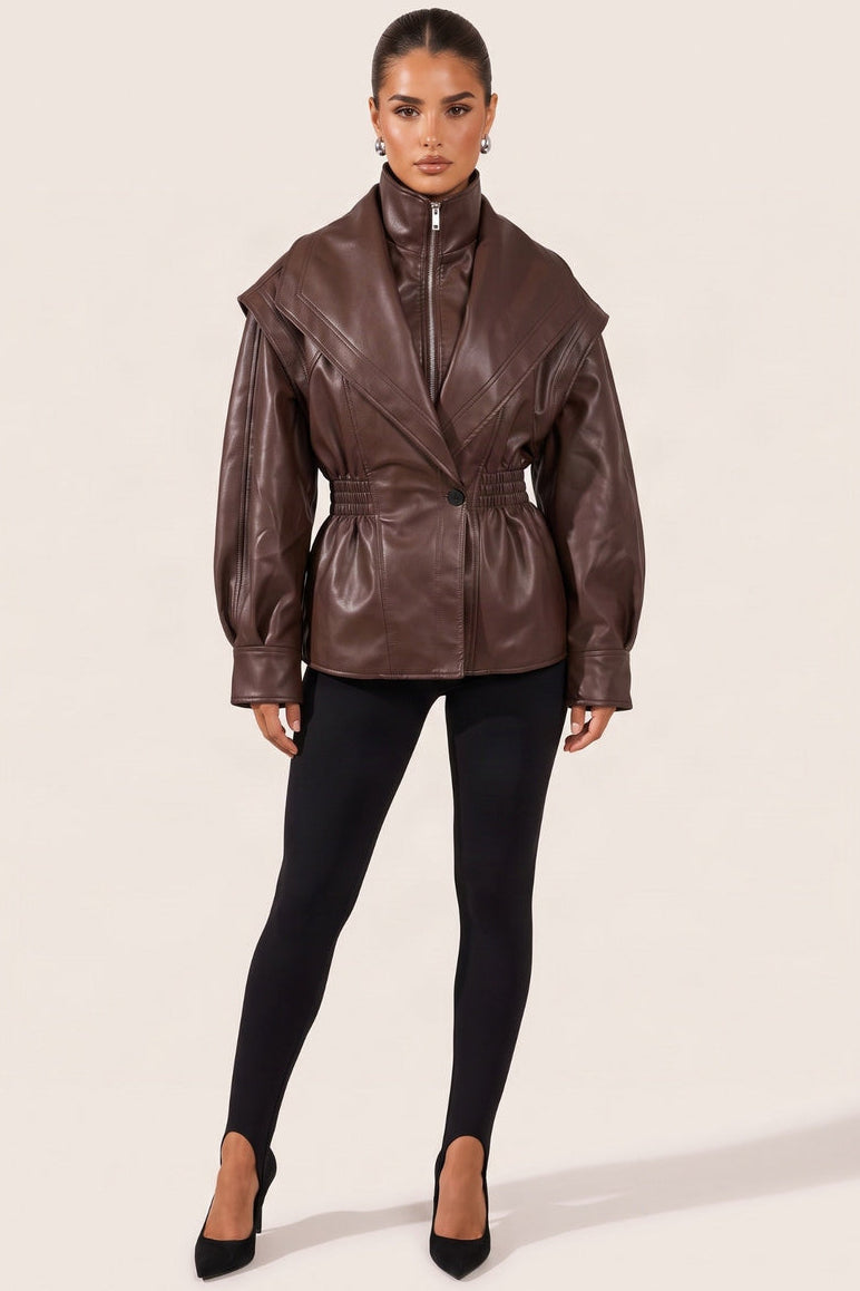 Chocolate Plum PU Balloon Sleeve Cinched Waist Jacket - Laraya