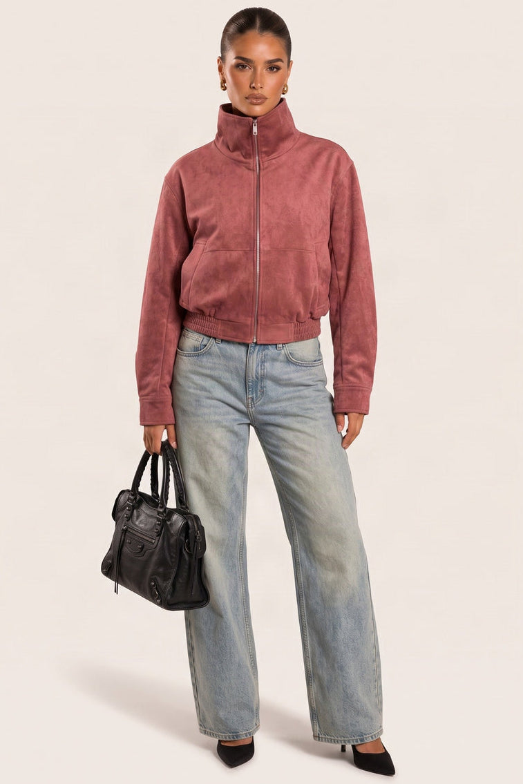 Dusky Pink Faux Suede Bomber Jacket - Reenie