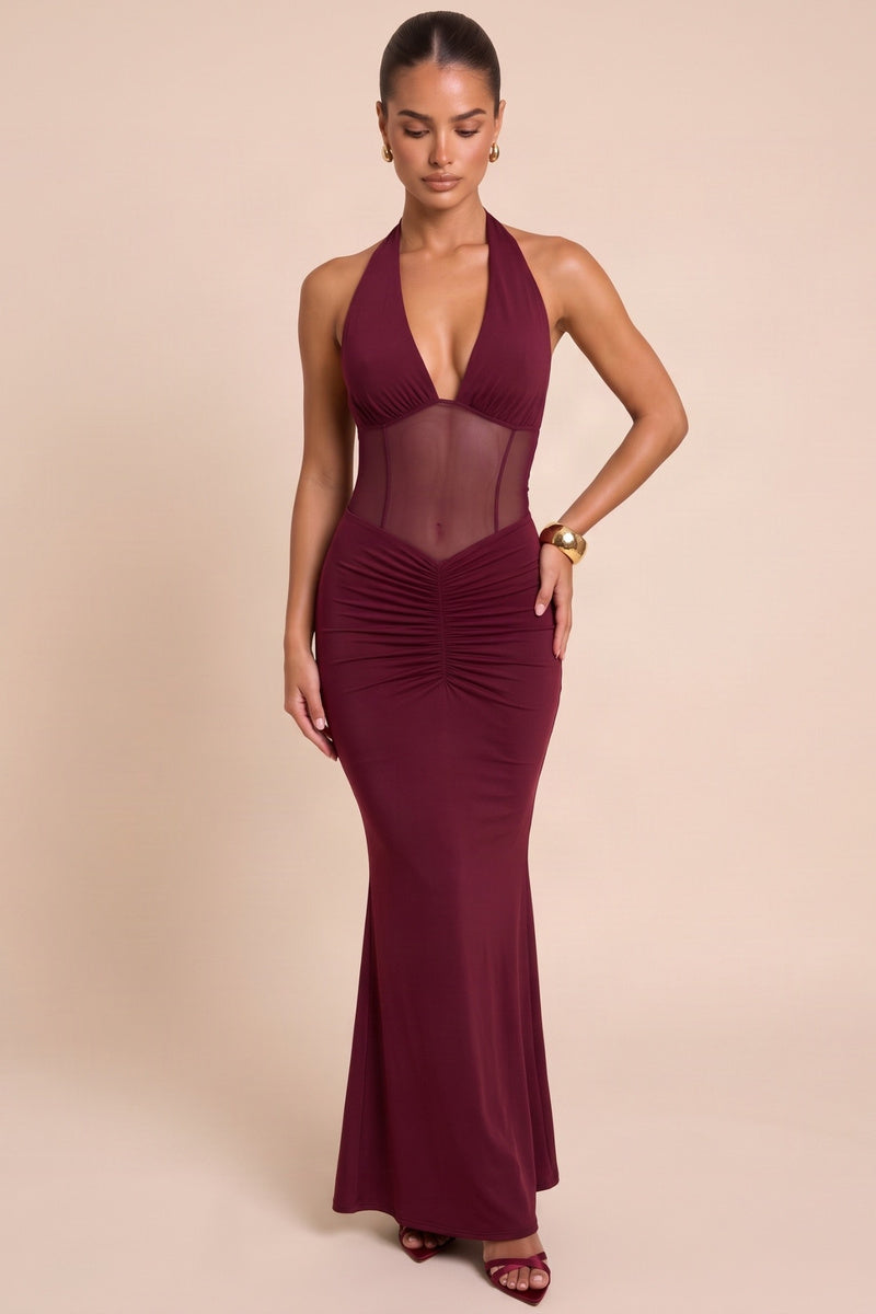 Wine Mesh Corset Maxi Dress - Robbie