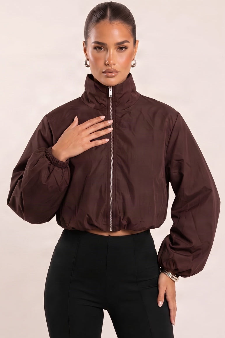 Chocolate Funnel Neck Zip Up Jacket - Chanda