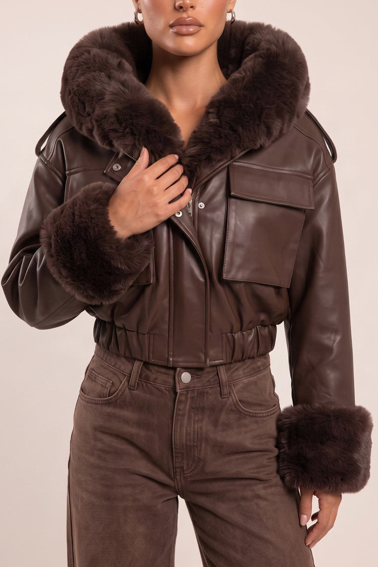 Chocolate Faux Leather Fur Lined Bomber Jacket - Larna