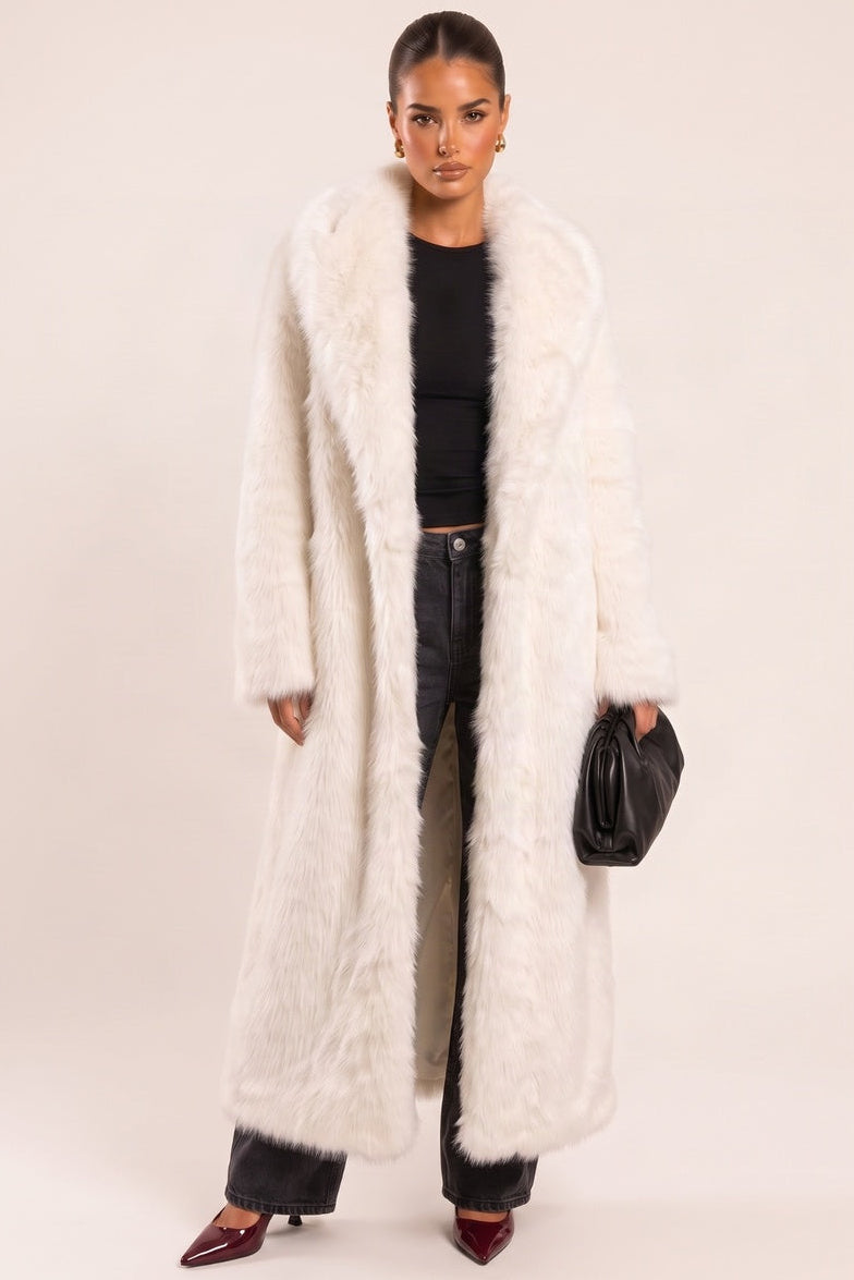 Cream Faux Fur Long Coat - Drena