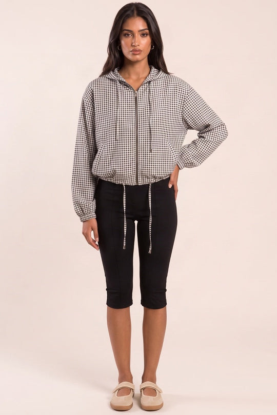 Black White Check Hooded Zip Front Bomber Jacket - Alvera
