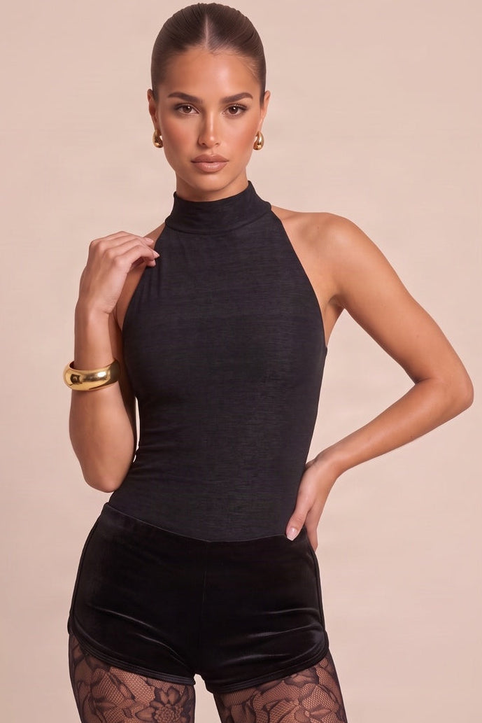 Black High Neck Semi Sheer Textured Top - Cassa