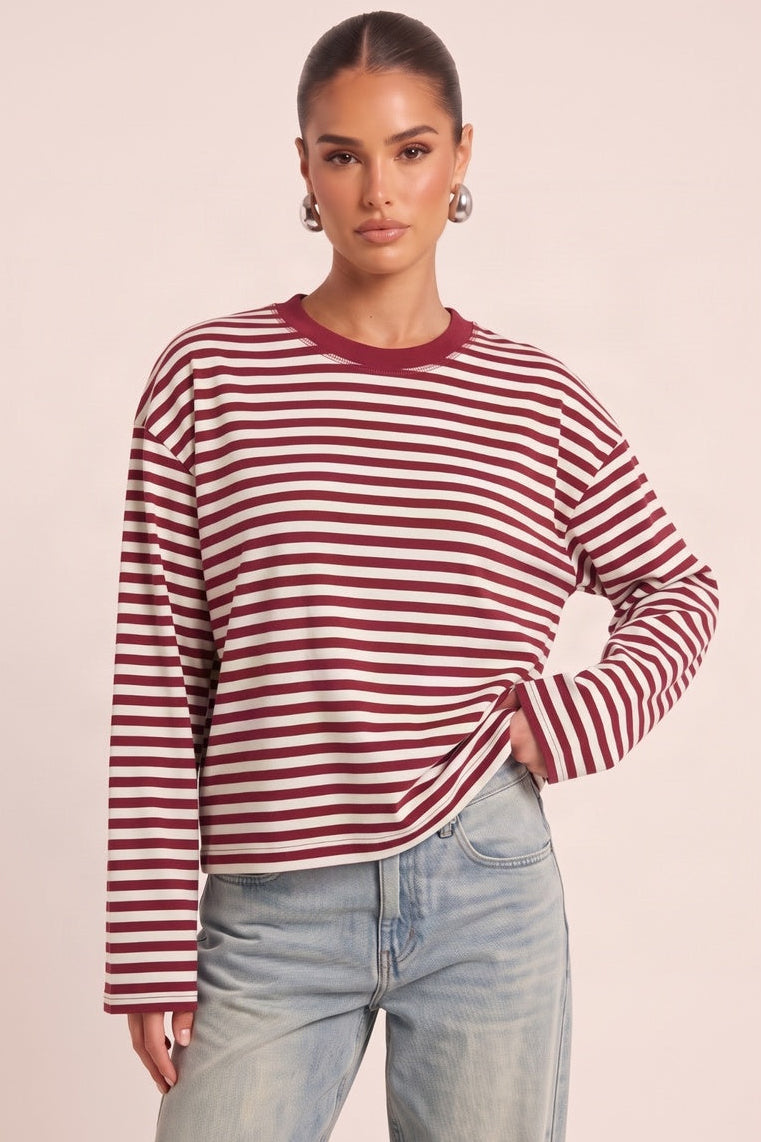 Wine Stripe Drop Shoulder Oversized Stripe Top - Cleopatra
