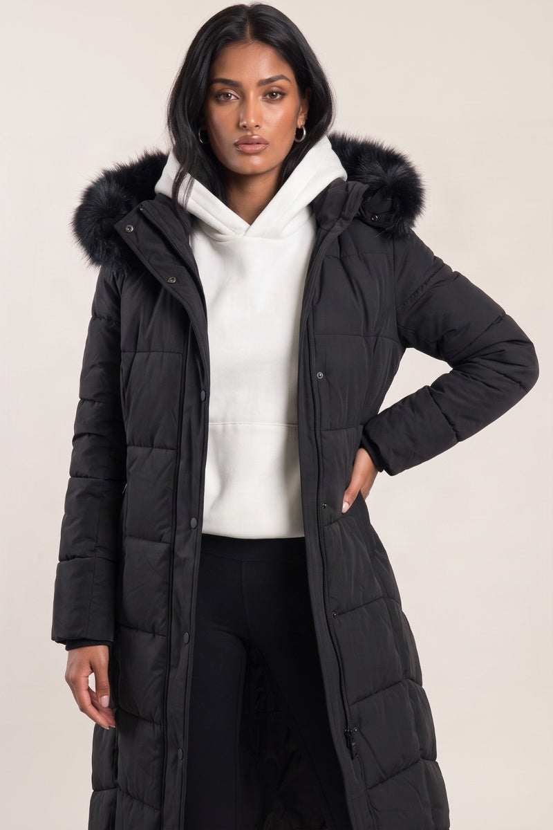 Black Detachable Faux Fur Trim Hooded Maxi Puffer Coat - Prudence