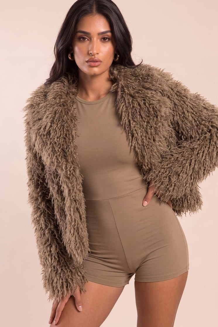 Brown Shaggy Faux Fur Jacket - Elsie