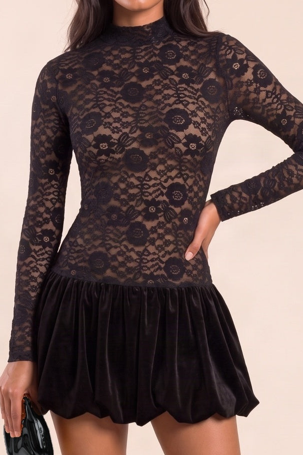 Black Velvet Lace Puffball Mini Dress - Siya