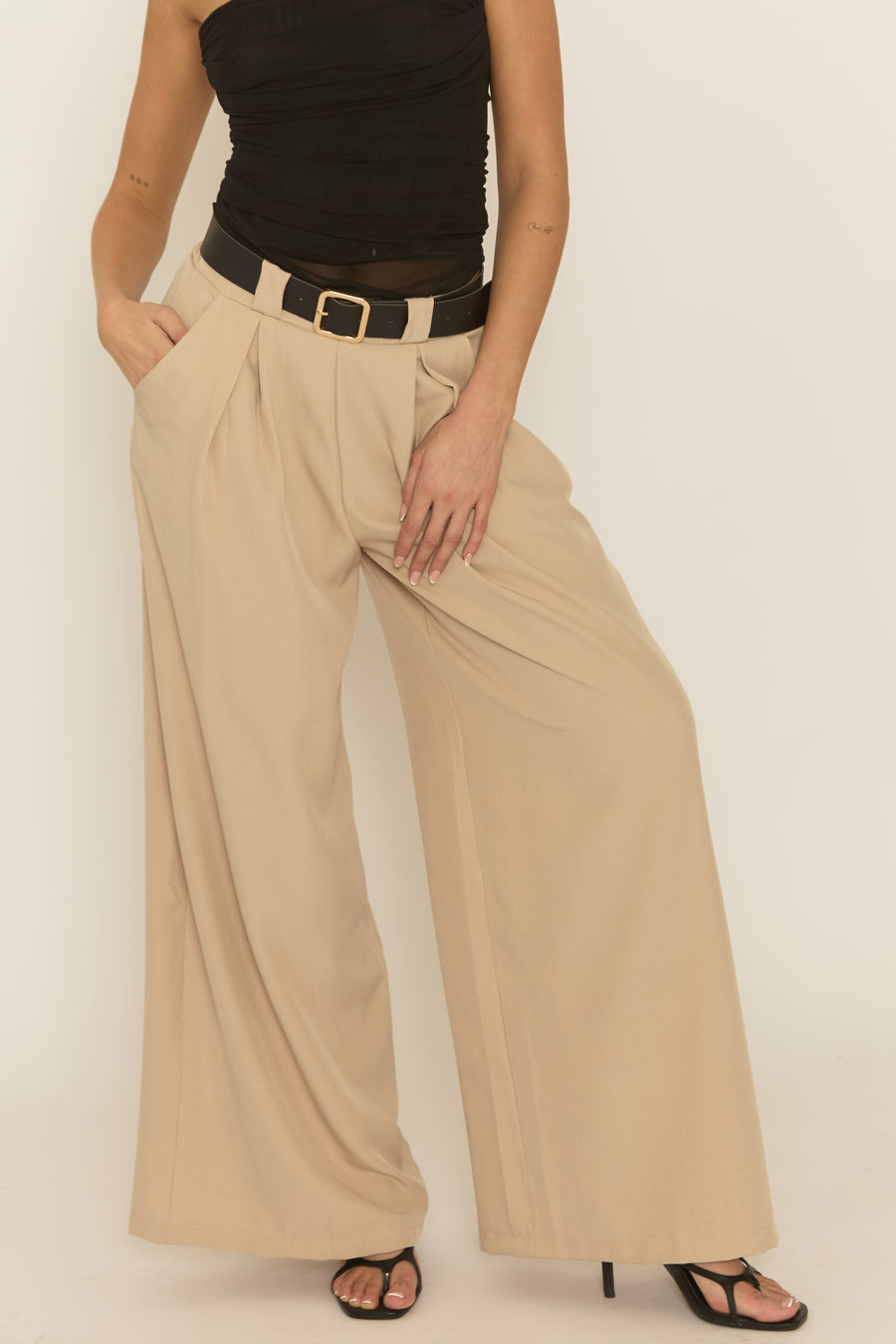Beige Belted Pleat Detail Trousers - Melly