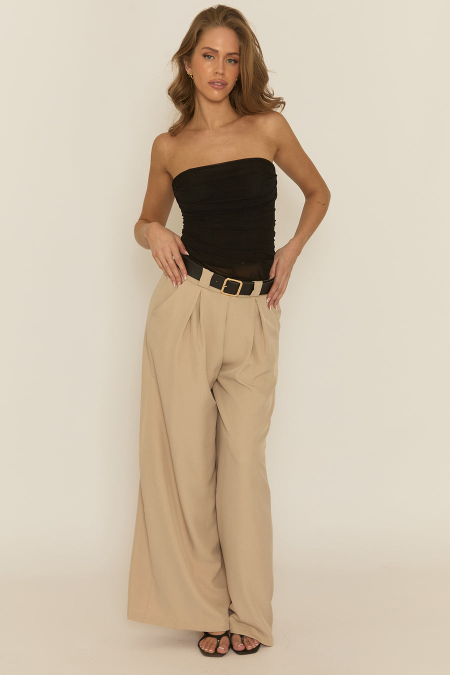 Beige Belted Pleat Detail Trousers - Melly