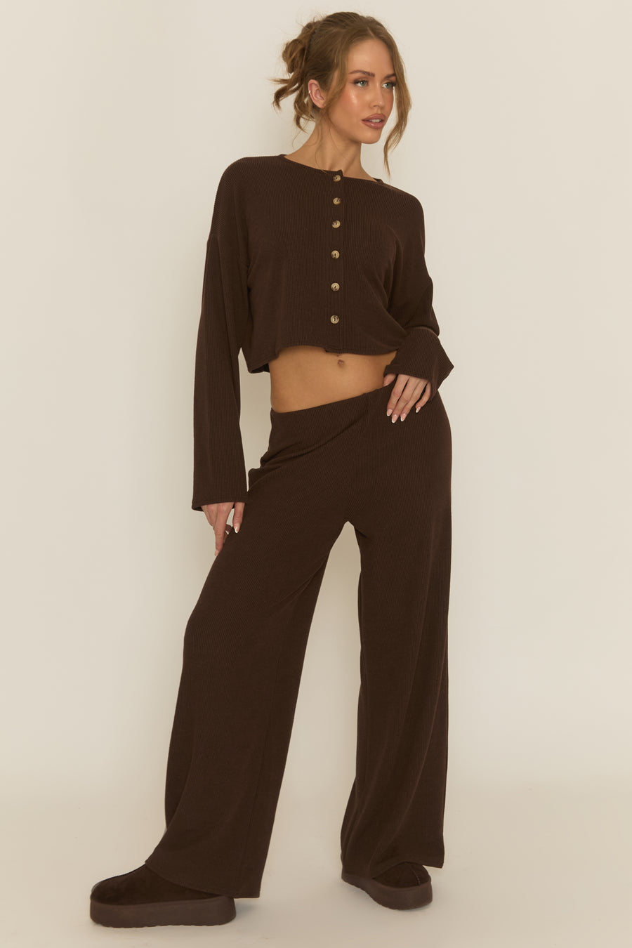 Chocolate Rib Boxy Button Down Loungewear Co-ord Set - Larina