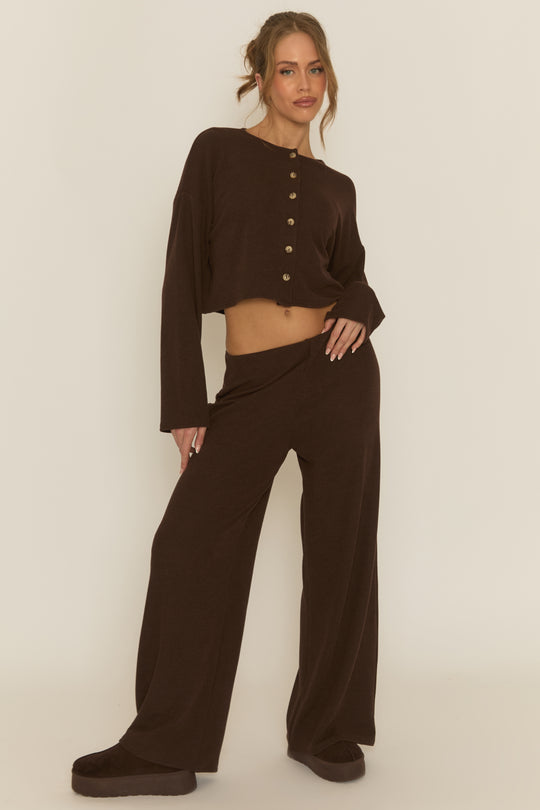 Chocolate Rib Boxy Button Down Loungewear Co-ord Set - Larina