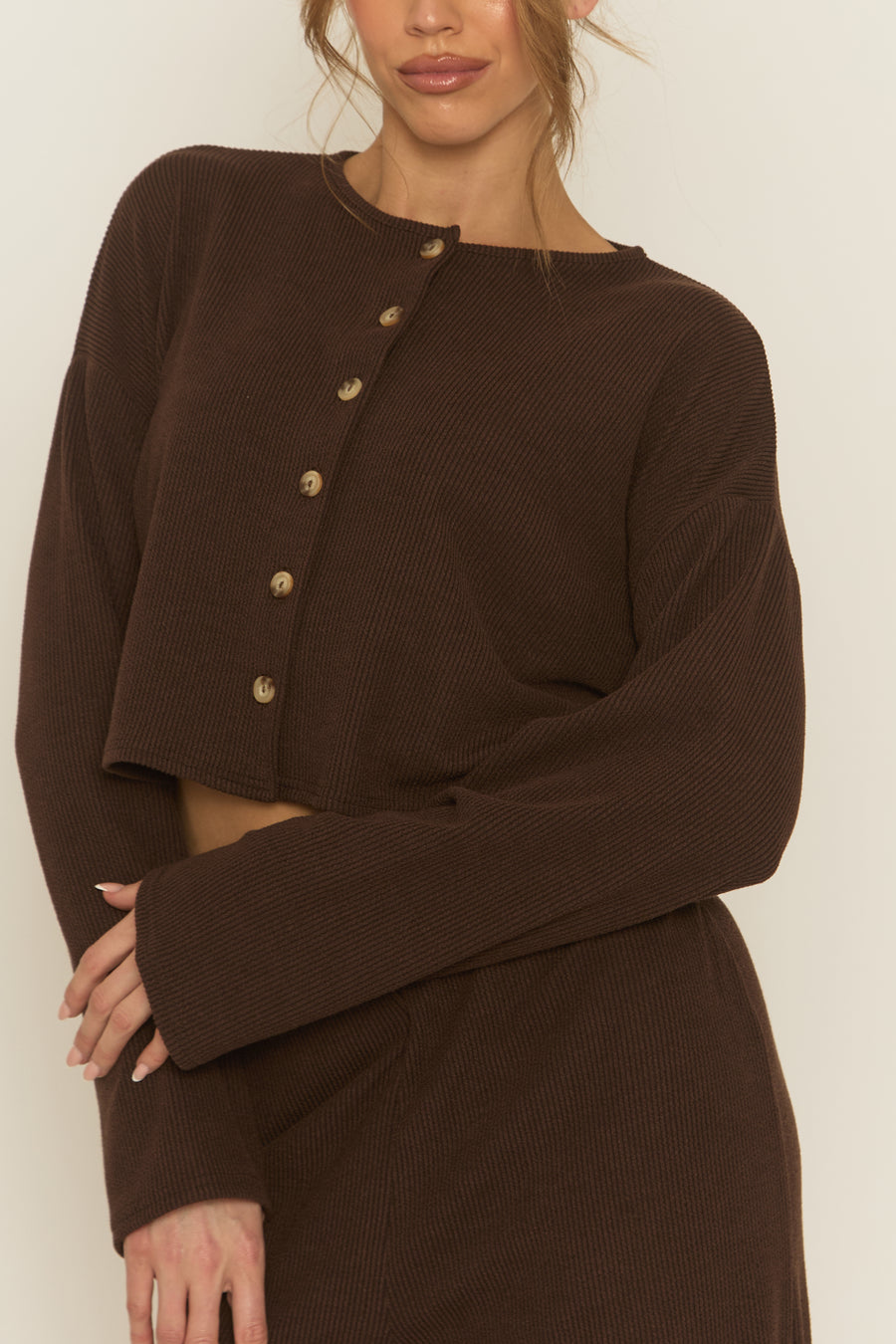Chocolate Rib Boxy Button Down Loungewear Co-ord Set - Larina