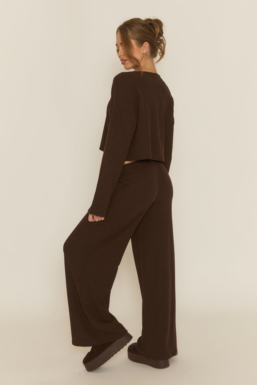 Chocolate Rib Boxy Button Down Loungewear Co-ord Set - Larina