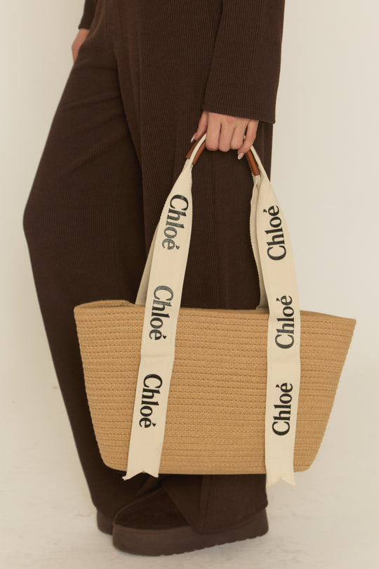 Beige Logo Detail Woven Tote Bag - Kora