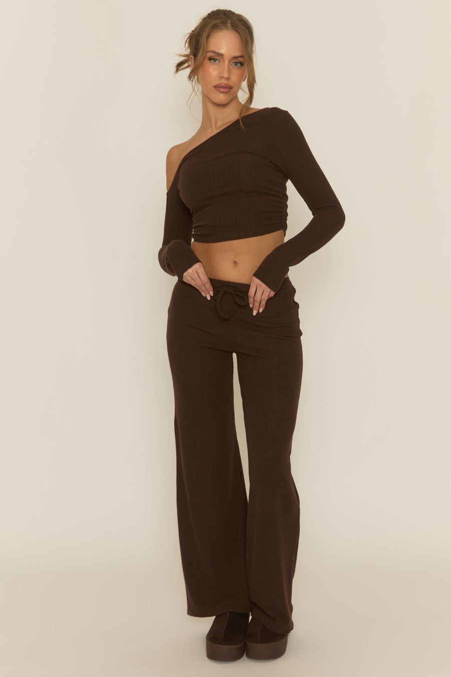 Chocolate Rib Asymmetric Drawcord Trouser Loungewear Co-ord Set - Ceena