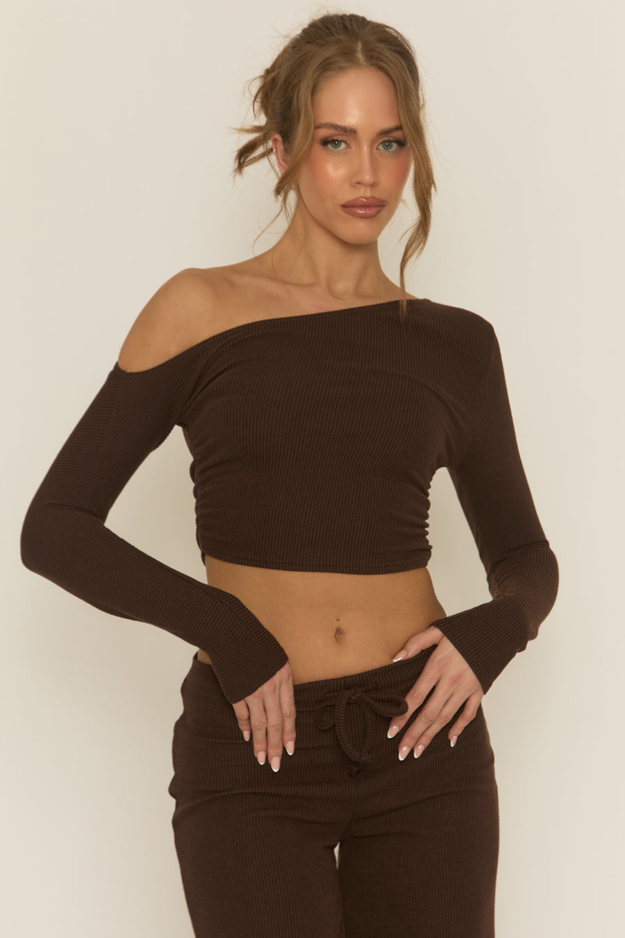 Chocolate Rib Asymmetric Drawcord Trouser Loungewear Co-ord Set - Ceena
