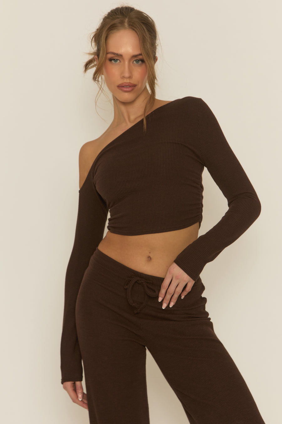 Chocolate Rib Asymmetric Drawcord Trouser Loungewear Co-ord Set - Ceena