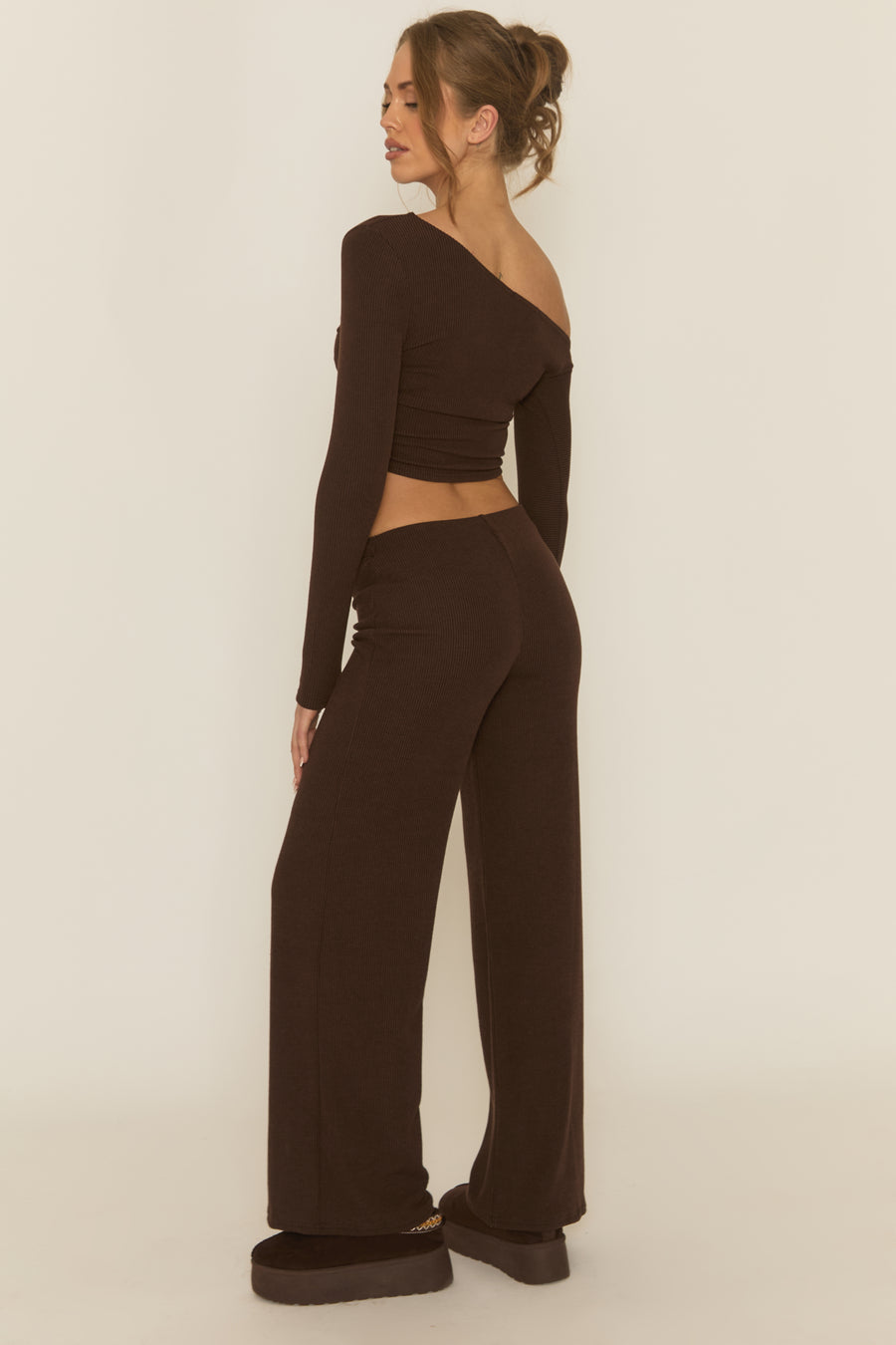 Chocolate Rib Asymmetric Drawcord Trouser Loungewear Co-ord Set - Ceena