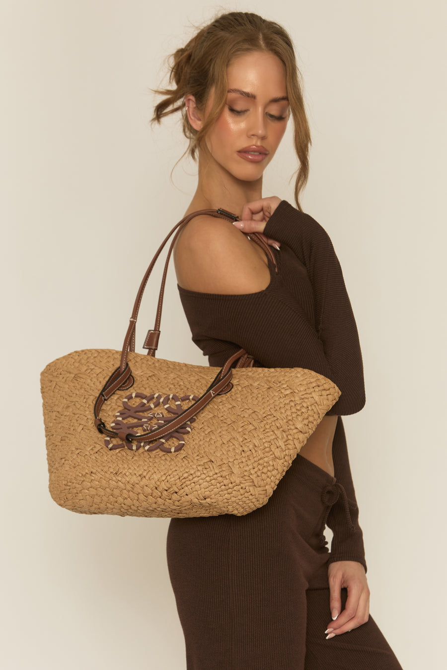Beige Logo Detail Raffia Tote Bag - Coreen