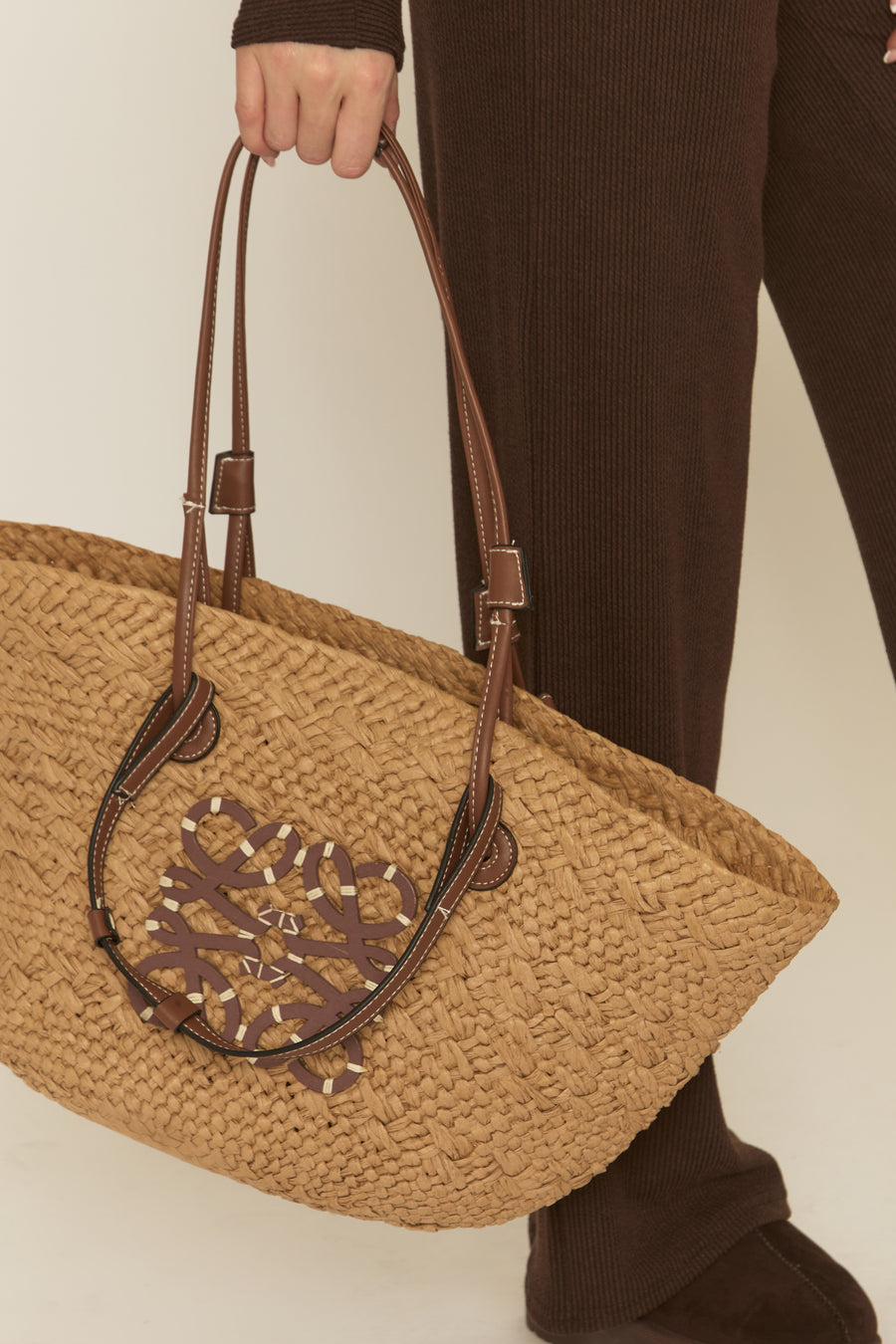 Beige Logo Detail Raffia Tote Bag - Coreen