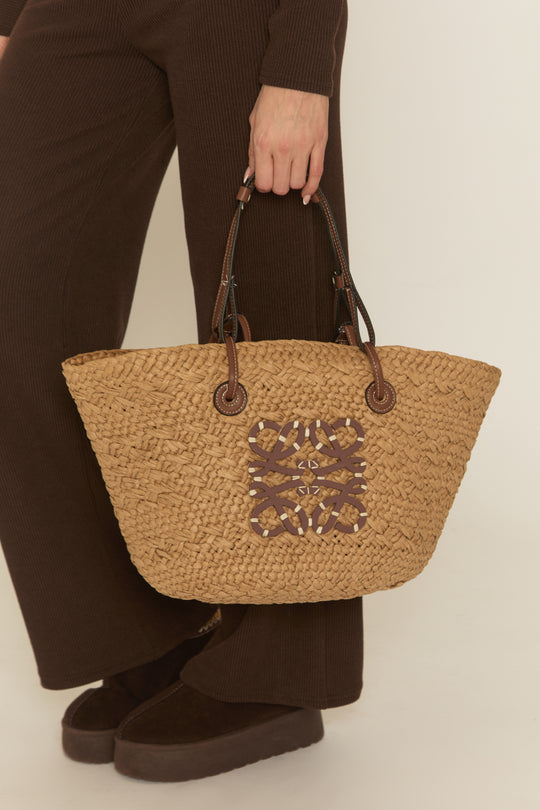 Beige Logo Detail Raffia Tote Bag - Coreen