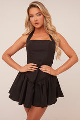 Black Halter Neck Gathered Hem Mini Dress - Persis